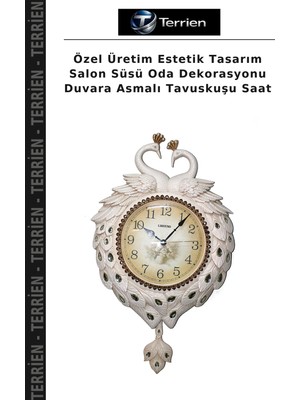 Terrien Özel Üretim Estetik Tasarım Salon Süsü Oda Dekorasyonu Duvara Asmalı Tavuskuşu Saat