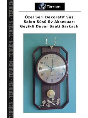 Terrien Özel Seri Dekoratif Süs Salon Süsü Ev Aksesuarı Geyikli Duvar Saati Sarkaçlı
