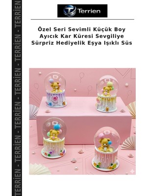 Terrien Özel Seri Sevimli Küçük Boy Ayıcık Kar Küresi Sevgiliye Sürpriz Hediyelik Eşya Işıklı Süs