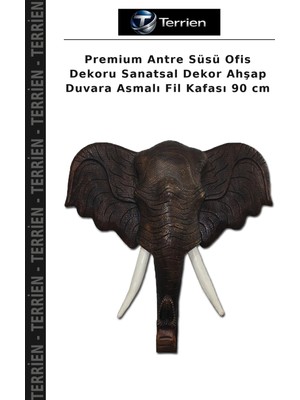 Terrien Premium Antre Süsü Ofis Dekoru Sanatsal Dekor Ahşap Duvara Asmalı Fil Kafası 90 cm