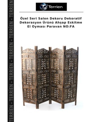 Terrien Özel Seri Salon Dekoru Dekoratif Dekorasyon Ürünü Ahşap Eskitme El Oyması Paravan No:fa