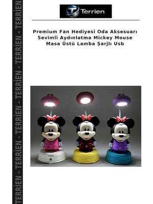 Terrien Premium Fan Hediyesi Oda Aksesuarı Sevimli Aydınlatma Mickey Mouse Masa Üstü Lamba Şarjlı USB