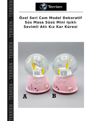 Terrien Özel Seri Cam Model Dekoratif Süs Masa Süsü Mini Işıklı Sevimli Atlı Kız Kar Küresi