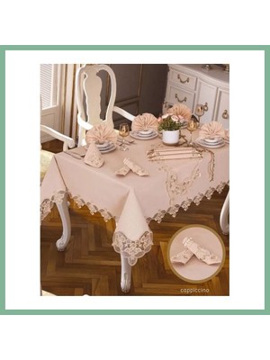 Bşk Virgo Karanfil Gardenya Keten Kapiçino 12 Kişilik 26 PARÇA160 × 220 cm Sofra Takımı Runner BSK2026