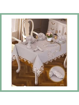 Bşk Virgo Gardenya Keten Karanfil Gri 26 Parça 160 × 220 cm Masa Takımı 12 Kişilik BSK2026
