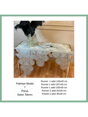 Bşk Virgo Keten Palmiye Model Gri 5 Parça Masa Örtüsü Runner Seti Salon Takımı BSK2026