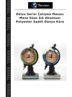 Terrien Delux Serisi Çalışma Masası Masa Süsü Şık Aksesuar Polyester Saatli Dünya Küre