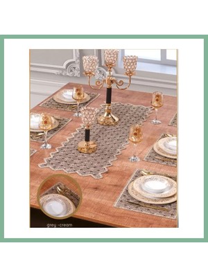 Bşk Virgo Hasır Supla Takımı Masa Seti 6 Kişilik 7 Parça Supla Runner Set Gri-Krem - 38 x 45 cm BSK2026
