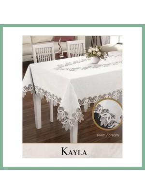 Bşk Virgo Kayla Model Krem Keten Masa Örtüsü 155X260 cm Dantel Şık Yemek Masası Örtüsü BSK2026