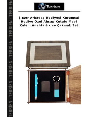 Terrien Ş ובer Arkadaş Hediyesi Kurumsal Hediye Özel Ahşap Kutulu Mavi Kalem Anahtarlık ve Çakmak Set