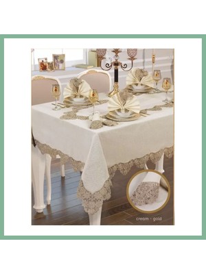 Bşk Virgo El Işi Angles Flora 17 Parça 8 KIŞILIK165 × 265 cm Krem-Gold Masa Takımı BSK2026