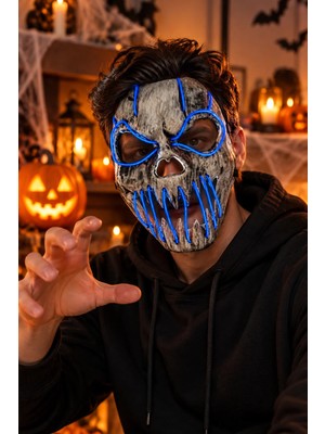 Dodomar Halloween Cadılar Bayramı Işıklı Fosforlu Mavi Kuru Kafa Iskelet Maske 23 cm