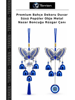 Terrien Premium Bahçe Dekoru Duvar Süsü Popüler Obje Metal Nazar Boncuğu Rüzgar Çanı
