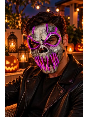 Dodomar Halloween Cadılar Bayramı Fosforlu Fuşya Işıklı Kuru Kafa Iskelet Maske 23 cm