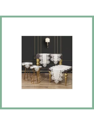 Bşk Virgo 5 Parça Krem-Gümüş Kayla Model Keten Dantelli Runner Seti Çeyizlik Salon Takımı BSK2026