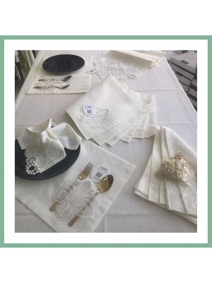 Bşk Virgo Sofra Takımı Taç Gardenya Keten Yemek Takımı 160X260 Masa Seti 26 Parça Runner Set Krem BSK2026