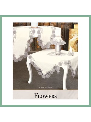 Bşk Virgo Salon Takımı Çeyizlik Flowers Model Bej 5 Parça Keten Dantelli Masa Örtüsü Seti BSK2026