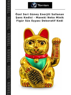 Terrien Özel Seri Güneş Enerjili Sallanan Şans Kedisi - Maneki Neko Minik Figür Süs Eşyası Dekoratif Kedi