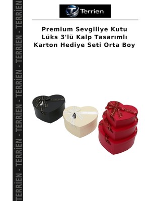 Terrien Premium Sevgiliye Kutu Lüks 3'lü Kalp Tasarımlı Karton Hediye Seti Orta Boy
