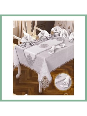 Bşk Virgo Elegant Linen Krem-Gümüş 12 Kişilik 26 Parça 160 × 220 cm Premium Sofra Masa Takımı BSK2026