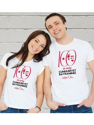 Bk Gift 29 Ekim Tasarımlı 2’li Yetişkin Çift Beyaz Tişört-6, 29 Ekim Hediyesi, Trend Tişört, 100.YIL Hediyesi