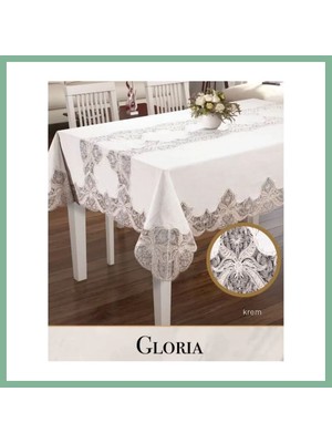 Bşk Virgo Gloria Model Krem Keten 160X300 cm Dantelli Tek Masa Örtüsü Şık Yemek Masası BSK2026