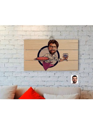 BK Gift Kişiye Özel Erkek Garson Karikatürlü Otantik Ahşap Palet Tablo-1