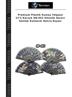 Terrien Premium Plastik Kumaş Yelpaze 12'li Karışık OB-052 Etkinlik Gereci Günlük Kullanım Hatıra Eşyası