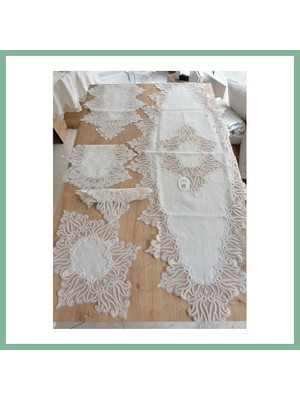 Bşk Virgo Salon Takımı Çeyizlik Krem Runner Set 5 Parça Keten Ranır Masa Konsol Sehpa Örtüsü Gülseda BSK2026