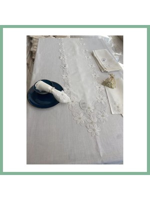 Bşk Virgo Sofra Takımı Evita Gardenya Keten Yemek Takımı 160X260 Masa Seti 26 Parça Runner Set Krem BSK2026