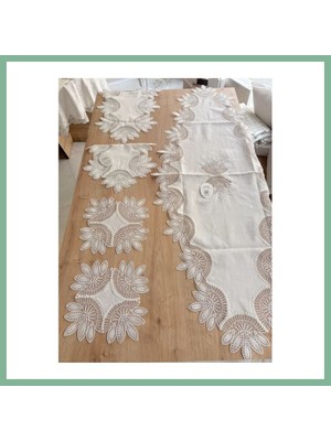 Bşk Virgo Salon Takımı Çeyizlik Krem Runner Set 5 Parça Keten Ranır Masa Konsol Sehpa Örtüsü Lady BSK2026