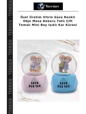Terrien Özel Üretim Vitrin Süsü Renkli Obje Masa Dekoru Tatlı Çift Temalı Mini Boy Işıklı Kar Küresi