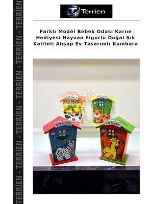 Terrien Farklı Model Bebek Odası Karne Hediyesi Hayvan Figürlü Doğal Şık Kaliteli Ahşap Ev Tasarımlı Kumbara