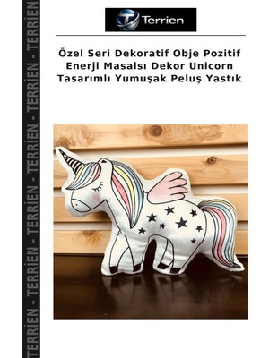 Terrien Özel Seri Dekoratif Obje Pozitif Enerji Masalsı Dekor Unicorn Tasarımlı Yumuşak Peluş Yastık