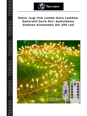 Terrien Dekor Işığı USB Lamba Gece Lambası Dekoratif Şerit Peri Aydınlatma Uzaktan Kumandalı 6m 200 LED