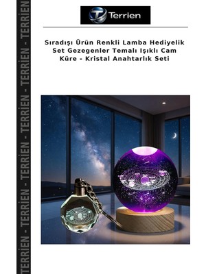 Terrien Sıradışı Ürün Renkli Lamba Hediyelik Set Gezegenler Temalı Işıklı Cam Küre - Kristal Anahtarlık Seti