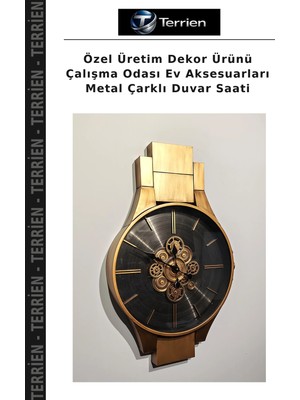 Terrien Özel Üretim Dekor Ürünü Çalışma Odası Ev Aksesuarları Metal Çarklı Duvar Saati