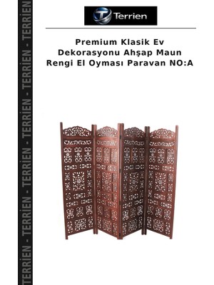Terrien Premium Klasik Ev Dekorasyonu Ahşap Maun Rengi El Oyması Paravan No:a