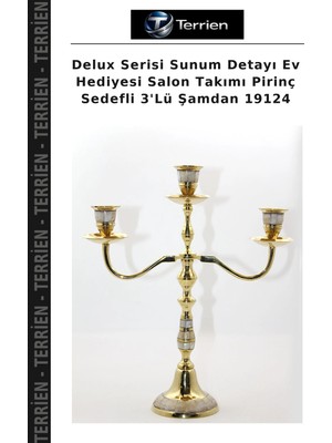 Terrien Delux Serisi Sunum Detayı Ev Hediyesi Salon Takımı Pirinç Sedefli 3'lü Şamdan 19124