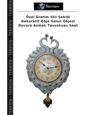 Terrien Özel Üretim Stil Sahibi Dekoratif Obje Salon Objesi Duvara Asmalı Tavuskuşu Saat