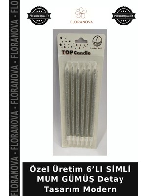 Floranova Özel Üretim 6’lı Simli Mum Gümüş Detay Tasarım Modern