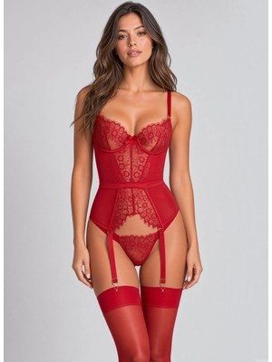 eyetis Kadın Dantel Korse Body Saten Bantlı Jartiyer AskılıSeksi Fantezi Teddy, Kırmızı ve Yeşil İç Giyim
