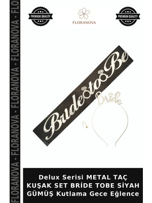 Floranova Delux Serisi Metal Taç Kuşak Set Bride Tobe Siyah Gümüş Kutlama Gece Eğlence