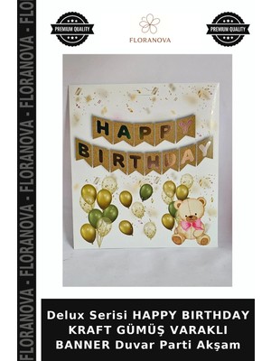 Floranova Delux Serisi Happy Bırthday Kraft Gümüş Varaklı Banner Duvar Parti Akşam
