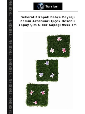 Terrien Dekoratif Kapak Bahçe Peyzajı Zemin Aksesuarı Çiçek Desenli Yapay Çim Gider Kapağı 96X5 cm