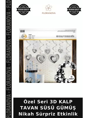 Floranova Özel Seri 3D Kalp Tavan Süsü Gümüş Nikah Sürpriz Etkinlik
