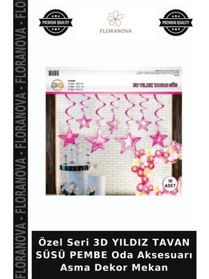 Floranova Özel Seri 3D Yıldız Tavan Süsü Pembe Oda Aksesuarı Asma Dekor Mekan