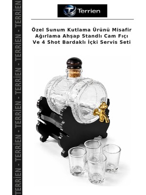 Terrien Özel Sunum Kutlama Ürünü Misafir Ağırlama Ahşap Standlı Cam Fıçı ve 4 Shot Bardaklı Içki Servis Seti