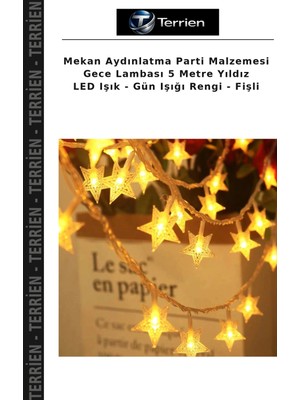 Terrien Mekan Aydınlatma Parti Malzemesi Gece Lambası 5 Metre Yıldız LED Işık - Gün Işığı Rengi - Fişli