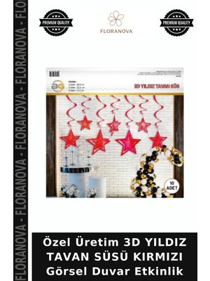 Floranova Özel Üretim 3D Yıldız Tavan Süsü Kırmızı Görsel Duvar Etkinlik